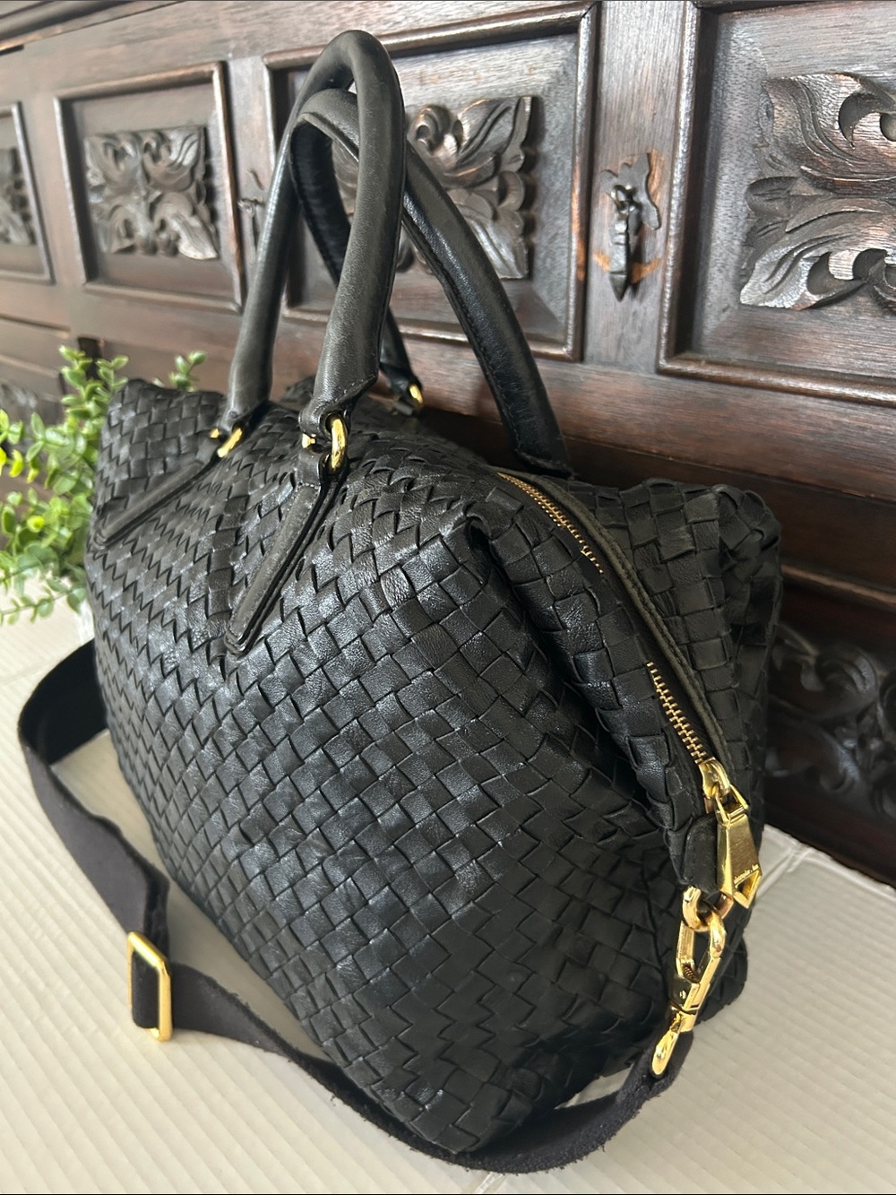 Christopher Kon Woven Leather Tote Bag with Detachable Strap - Black - Picture 3 of 15